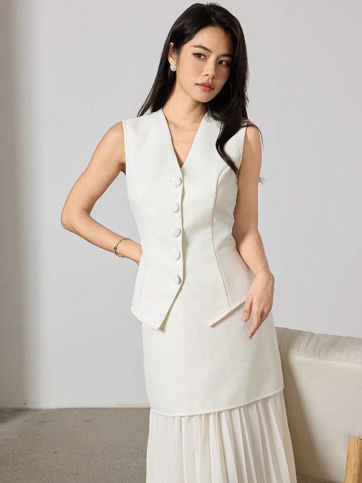 CM-SS751230 Women Elegant Seoul Style V-Neck Sleeveless Button Front Suit Vest With Pleated Long Skirt - Set