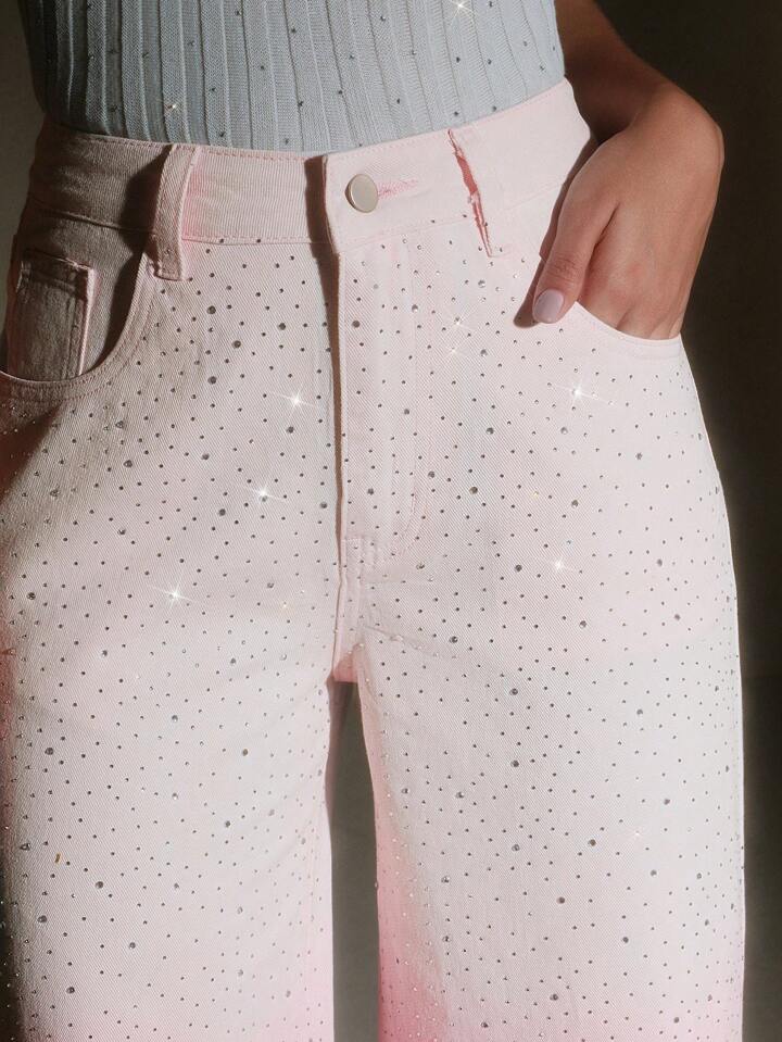 CM-BS570000 Women Casual Seoul Style Heavy Bling Decor Loose Wide Leg Jeans - Pink
