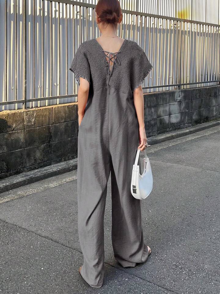 CM-JS643449 Women Trendy Bohemian Style V-Neck With Drawstring Jumpsuit Trousers - Dark Gray