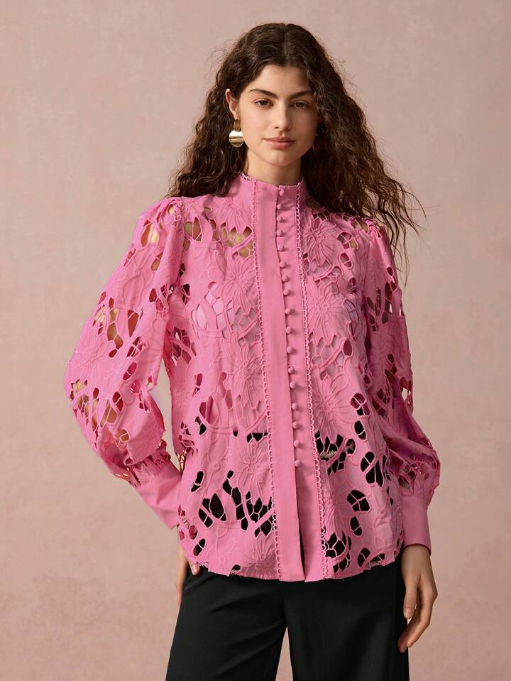 CM-TS490679 Women Elegant Seoul Style Embroidered Cutout Patchwork Stand Collar Button Front Shirt