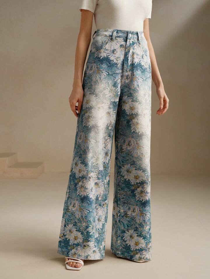 CM-BS372161 Women Casual Seoul Style Floral Printed High-Waisted Wide Leg Jeans
