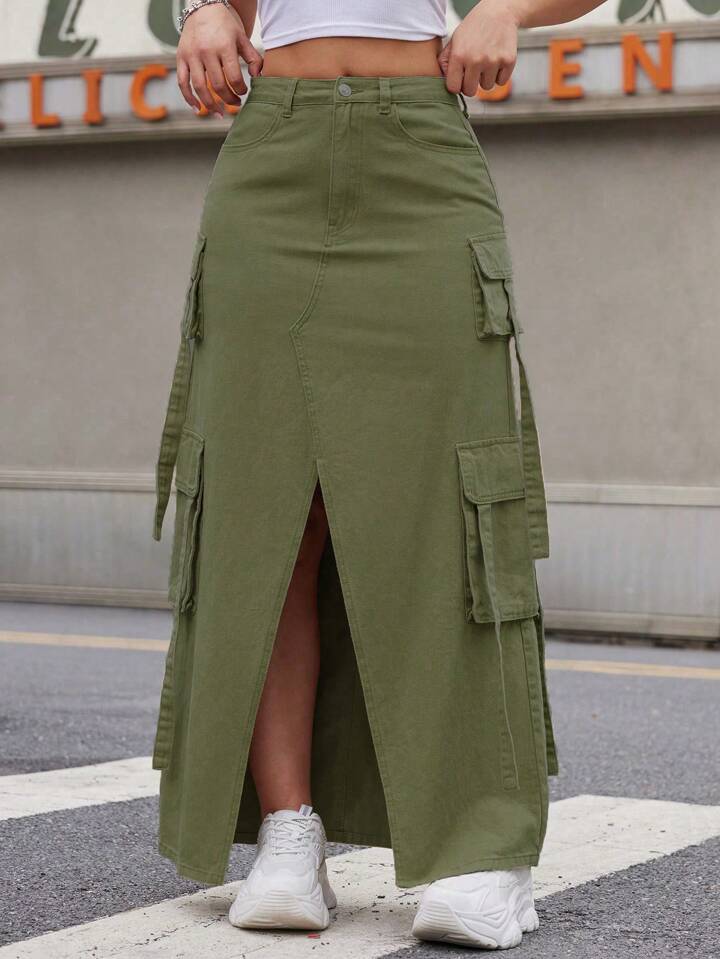 CM-BS051288 Women Casual Seoul Style Front Button Pocket Slit Denim A-Line Skirt - Army Green