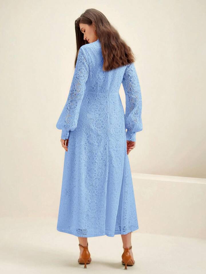 CM-DS730692 Women Elegant Seoul Style Lace Mandarin Collar Long Sleeve A-Line Dress - Baby Blue
