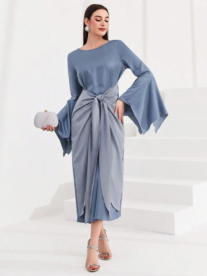 CM-DS044444 Women Elegant Seoul Style Irregular Bell Sleeve Tied Front Dress - Blue
