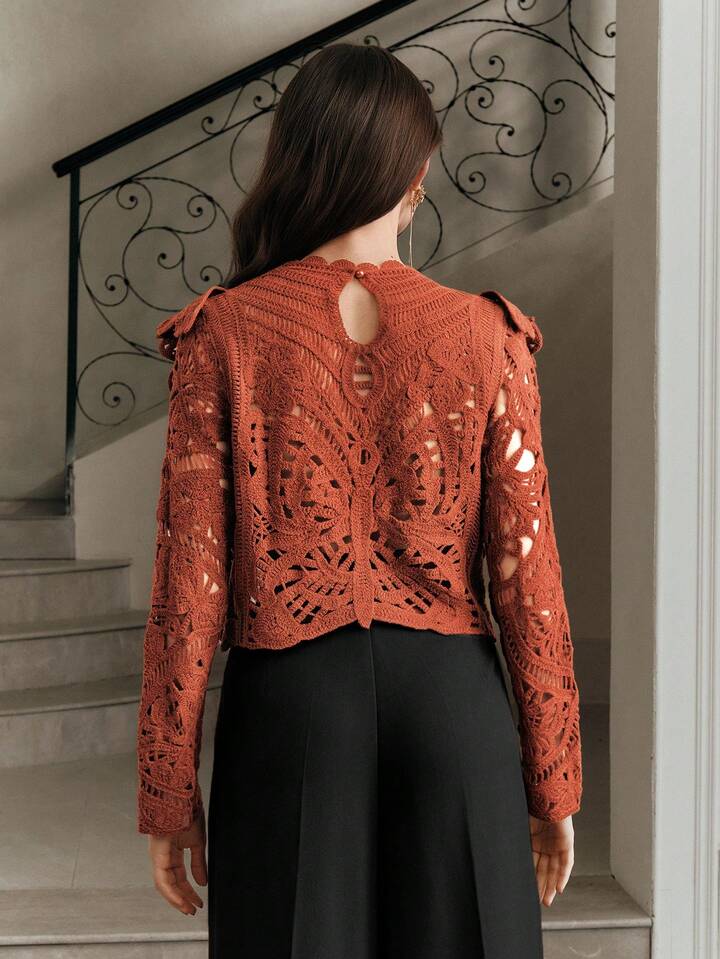 CM-TS490712 Women Casual Seoul Style Symmetrical Floral Pattern Cropped Ruffled Hem Knit Top - Rust Brown