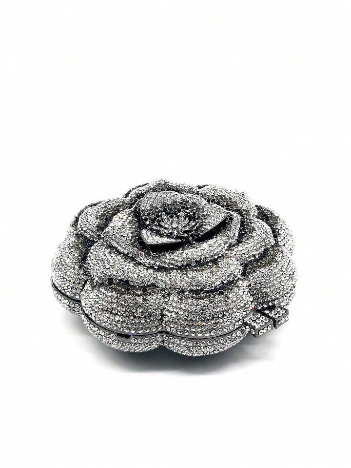 CM-BGS087877 Women Elegant Seoul Style Floral Design Rhinestone Crystal Handmade Clutch Bag - Black