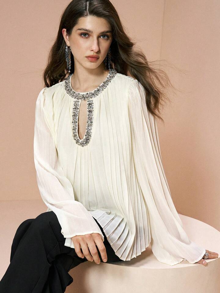 CM-TS001543 Women Elegant Seoul Style Round Neck Long Sleeve Pleated Cutout Rhinestone Embellished Chiffon Top