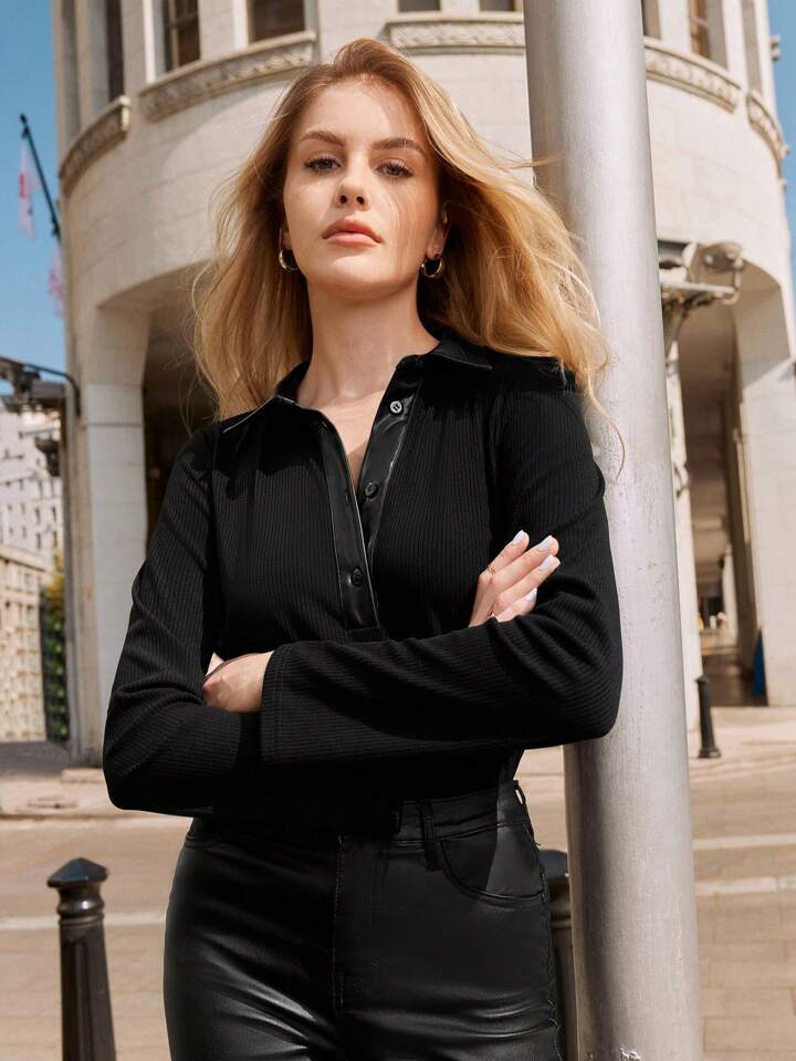 CM-TS638115 Women Casual Seoul Style Polo Neckline PU Spliced Long Sle