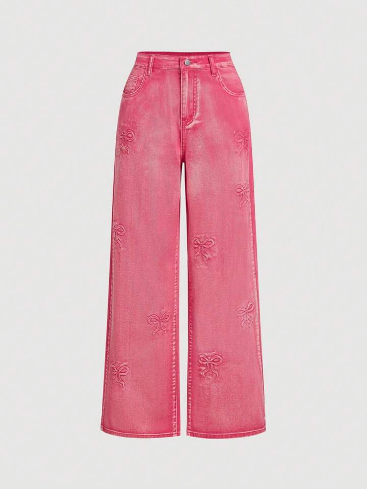 CM-BS133339 Women Casual Seoul Style Bow Design Extra Long  Straight Leg Jeans - Pink
