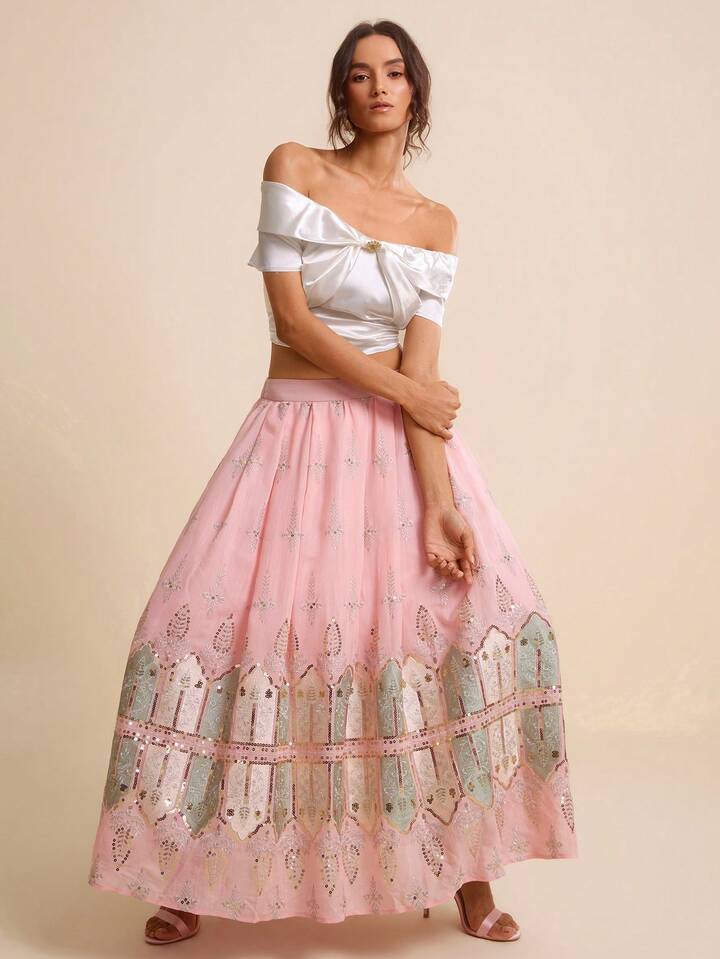 CM-BS058921 Women Elegant Seoul Style High Waist Bead Gold Thread Embroidery Chiffon Maxi Skirt - Pink