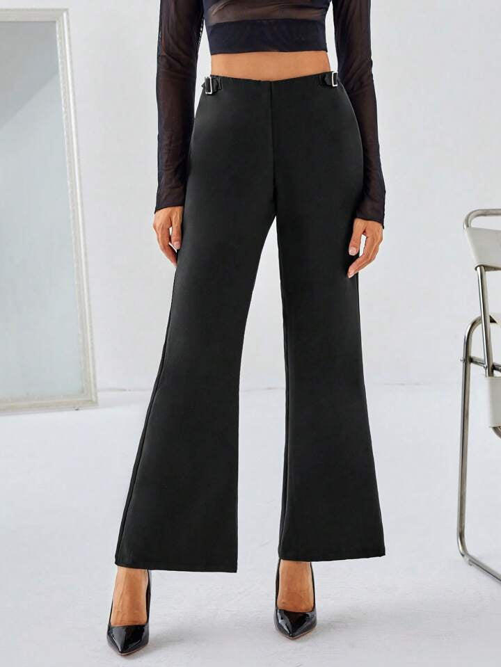 CM-BS551610 Women Elegant Seoul Style Solid Color Elastic Waist Slim Fit Flared Pants - Black