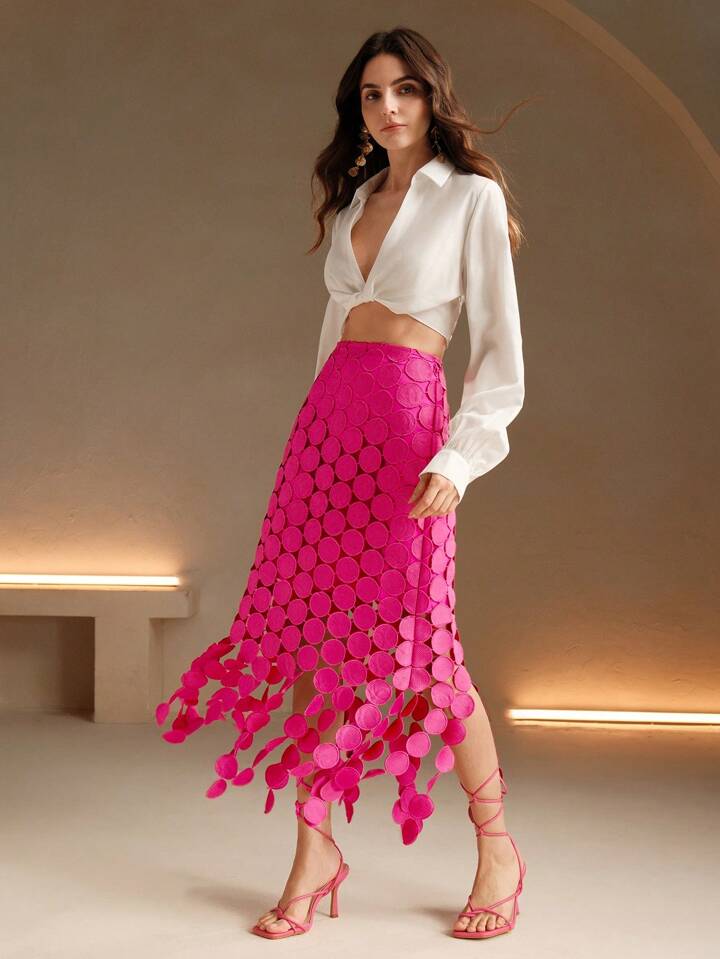 CM-BS735083 Women Trendy Bohemian Style Laser Cut Multi Circle Double Layered Maxi Skirt - Pink