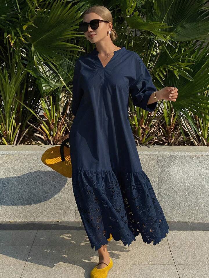 CM-DS486717 Women Trendy Bohemian Style Lace Patchwork Stand Collar 3/4 Sleeve Long Shirt Dress - Navy Blue