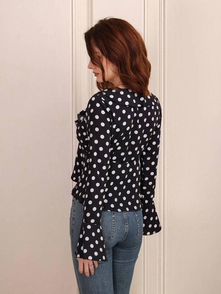 CM-TS864365 Women Casual Seoul Style Tie-Front Button-Up Long Sleeve Ruffle Hem Top
