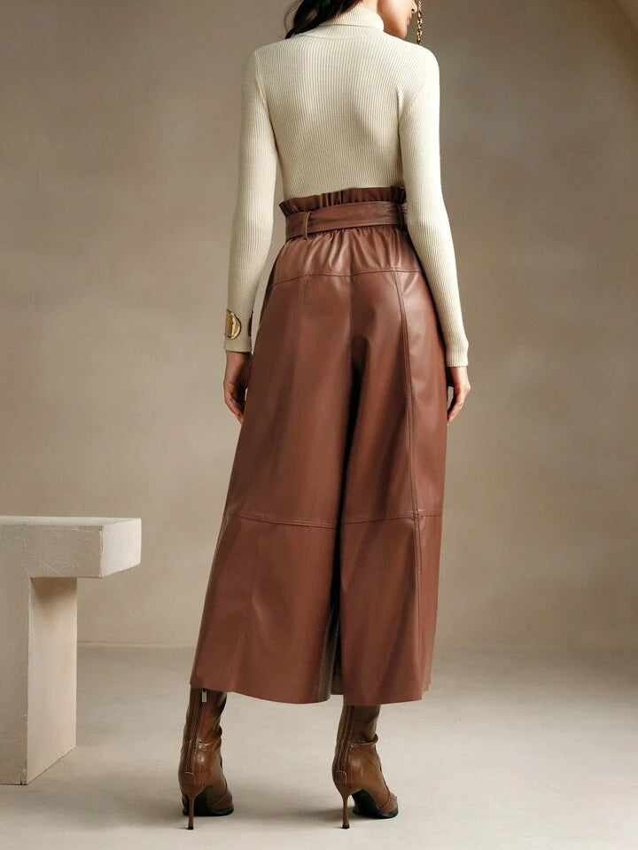 CM-BS442907 Women Elegant Seoul Style High Waist Faux Leather Wide Leg Pants - Brown