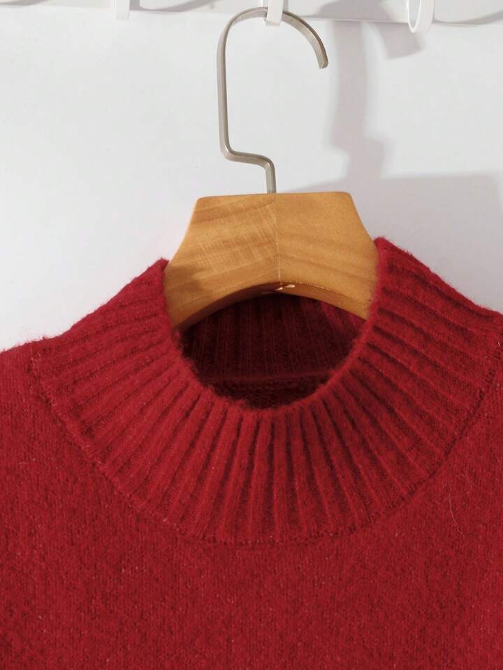 CM-CS950272 Women Elegant Seoul Style Solid Color Stand Collar Long Sleeve Ruffle Hem Sweater - Red