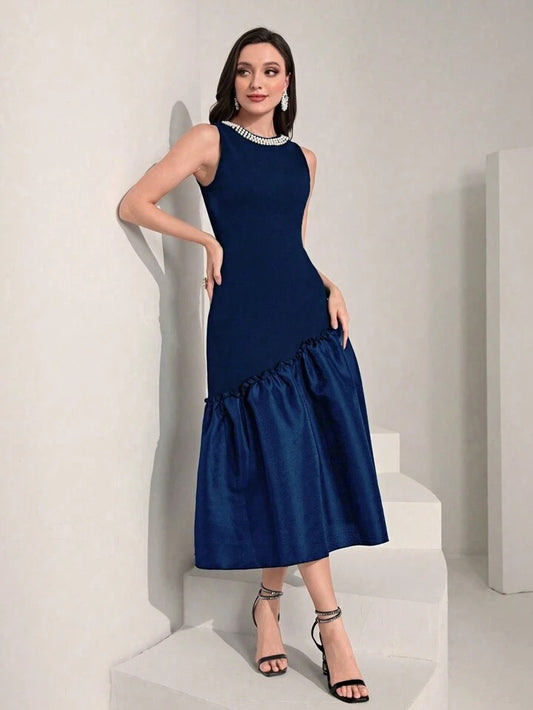 CM-DS710500 Women Elegant Seoul Style Sleeveless Pearls Beaded Ruffle Hem Dress - Royal Blue