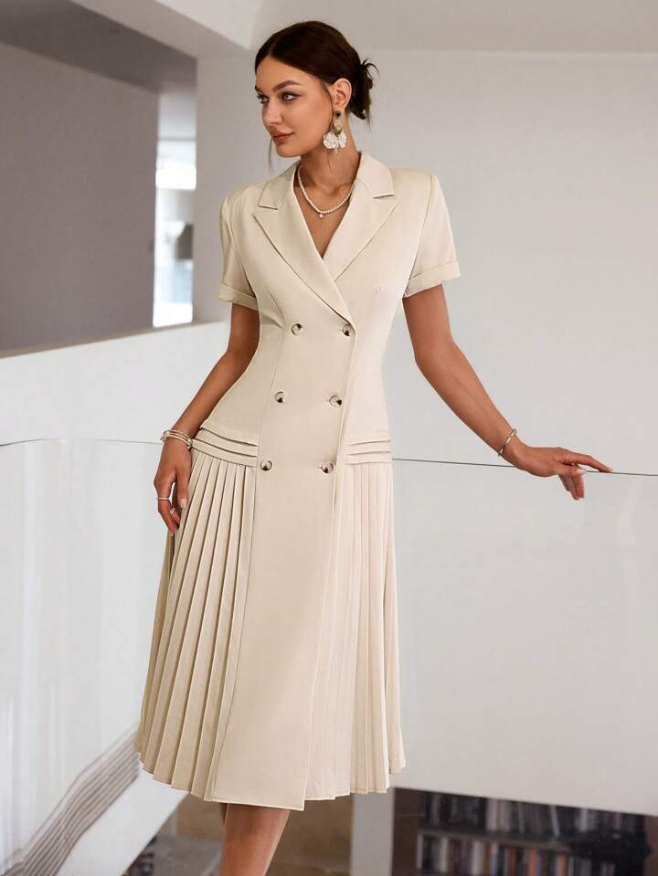 CM-DS796631 Women Elegant Seoul Style Solid Color Short Sleeve Pleated Hem Midi Dress - Apricot