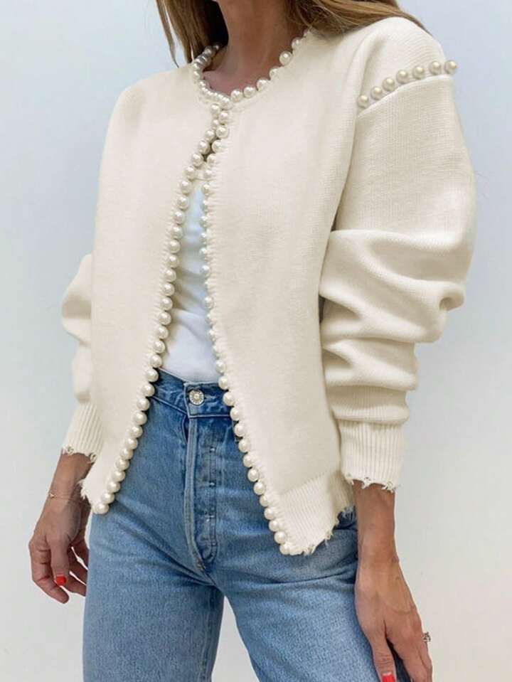 CM-CS690395 Women Casual Seoul Style Pearl Trim Distressed Hem Long Sleeve Knit Sweater - White