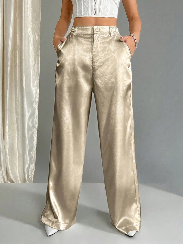 CM-BS393169 Women Casual Seoul Style Satin Elastic Waist Wide Leg Palazzo Pants - Apricot