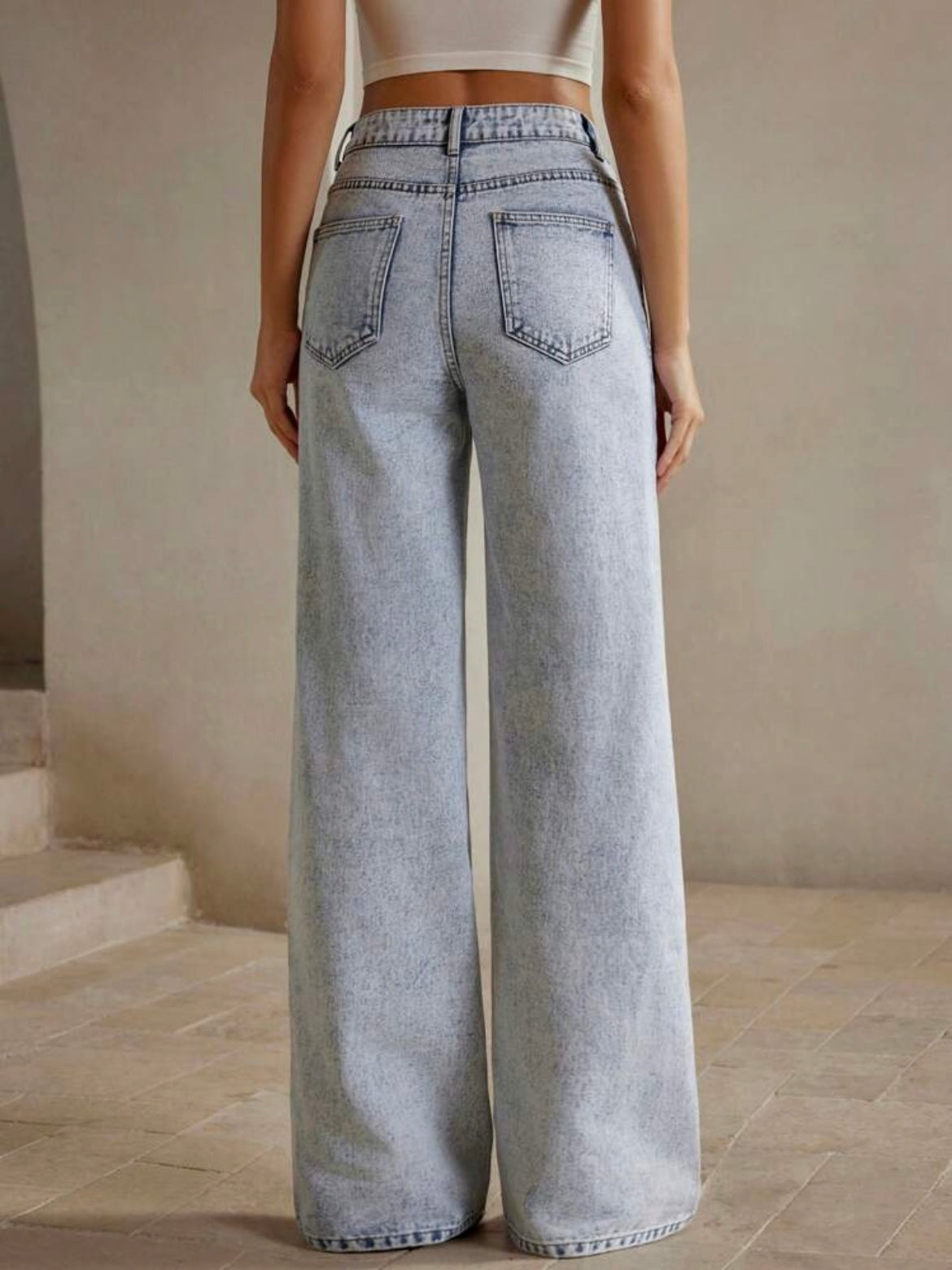 CM-BS975270 Women Elegant Seoul Style Rhinestone Decor Washed Loose Casual Straight Leg Jeans
