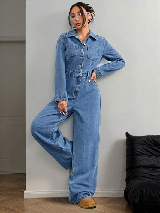 CM-JS684434 Women Casual Seoul Style Light Washed Long Sleeve High Waist Denim Jumpsuit