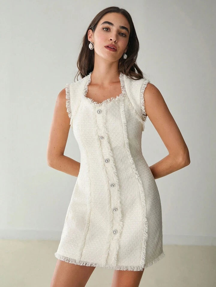 CM-DS866449 Women Elegant Seoul Style Sweetheart Neckline Sleeveless Sequin Tweed Dress - White