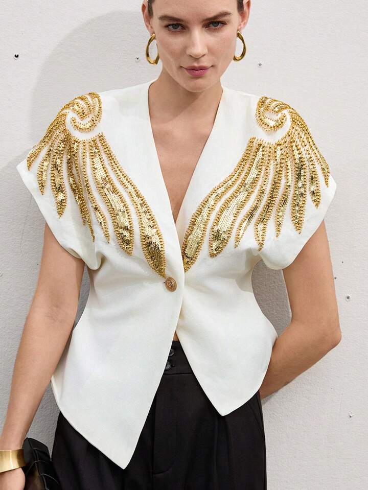 CM-TS871447 Women Elegant Seoul Style Asymmetrical Hem V-Neck Padded Beaded Embroidered Blouse - Beige