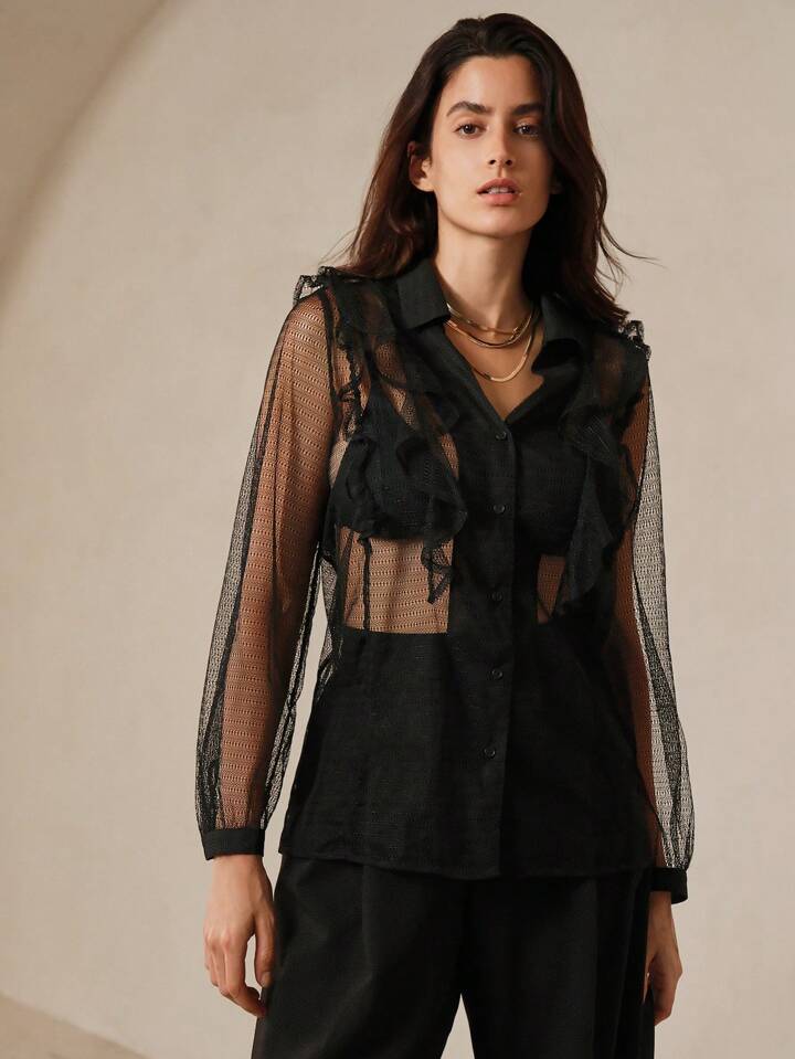 CM-TS721729 Women Elegant Seoul Style Mesh Gauze Lotus Leaf Edge Light Thin Shirt - Black