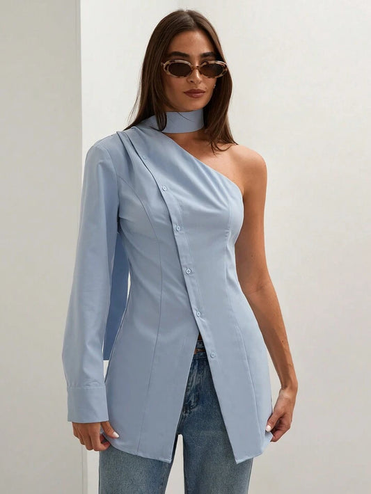 CM-TS864404 Women Casual Seoul Style Asymmetric Collar One Shoulder Long Sleeve Blouse - Baby Blue
