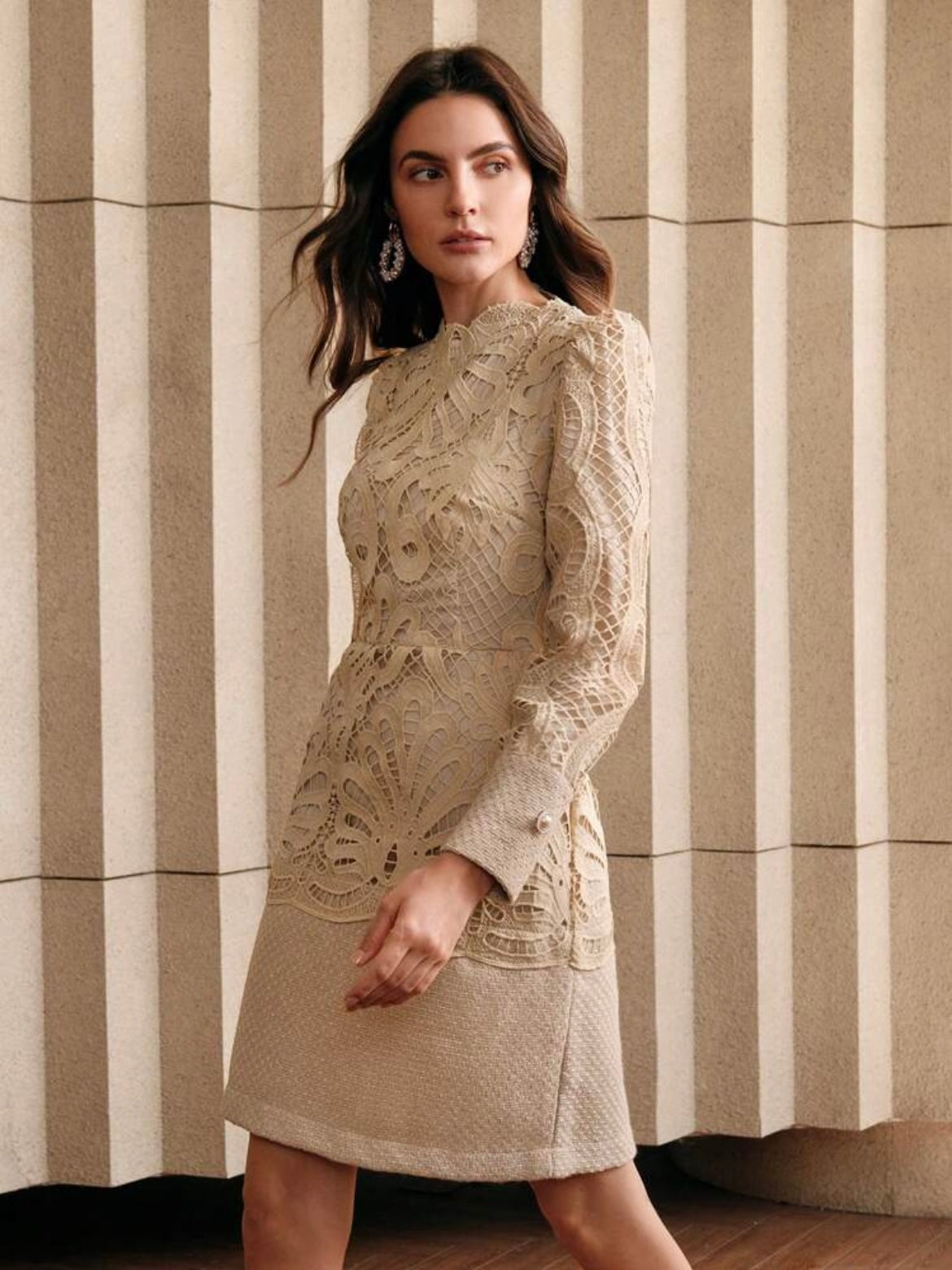 CM-DS588318 Women Elegant Seoul Style Stand Collar Long Sleeve Lace Patchwork Cheongsam Dress - Khaki