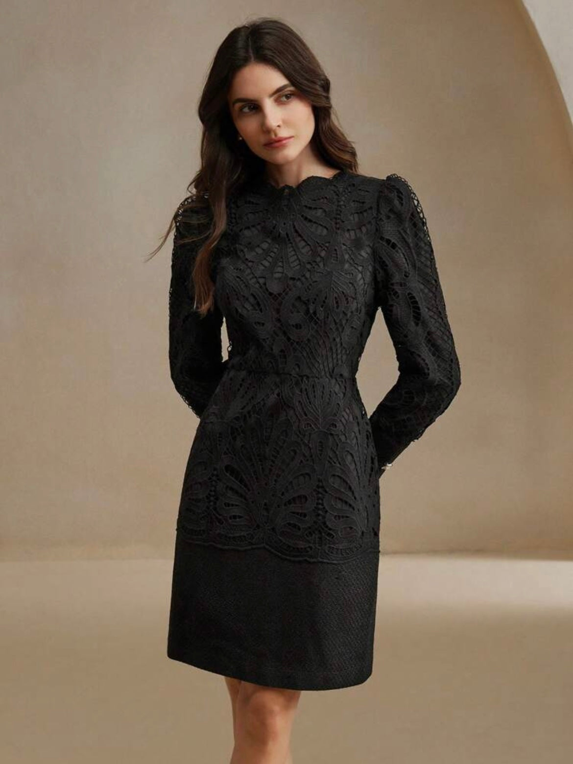 CM-DS848781 Women Elegant Seoul Style Stand Collar Long Sleeve Lace Patchwork Cheongsam Dress - Black