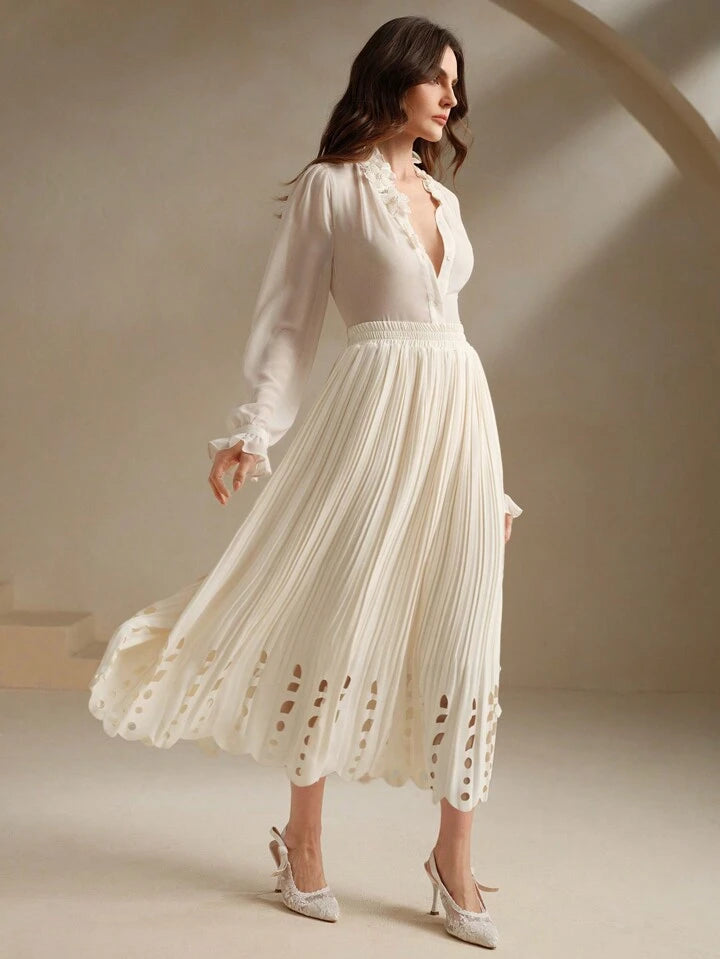 CM-BS200717 Women Elegant Seoul Style Hollow Elastic Waist Pleated Midi Skirt - White
