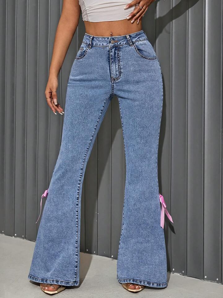 CM-BS260072 Women Casual Seoul Style Cute Bow Accent Skinny Flared Leg Jeans - Blue