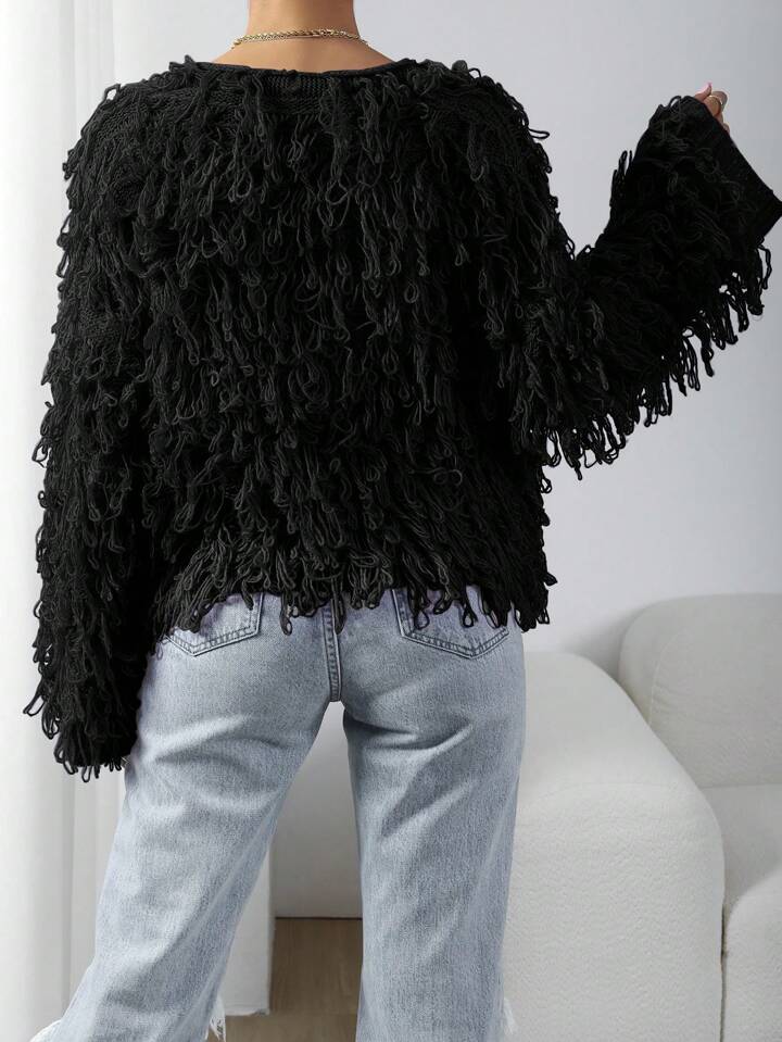 CM-CS561300 Women Casual Seoul Style Long Sleeve Shaggy Knit Duster Cardigan - Black