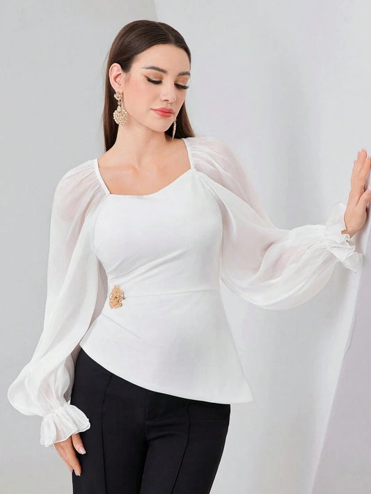 CM-TS953513 Women Elegant Seoul Style Mesh Panel Sweetheart Neck Long Sleeve Shirt