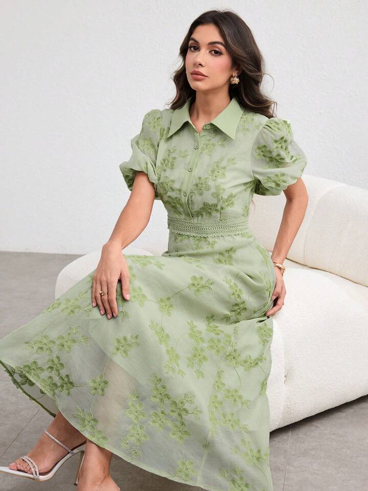 CM-DS301711 Women Elegant Seoul Style Turn-Down Collar Waist Banded Embroidered Long Dress - Green
