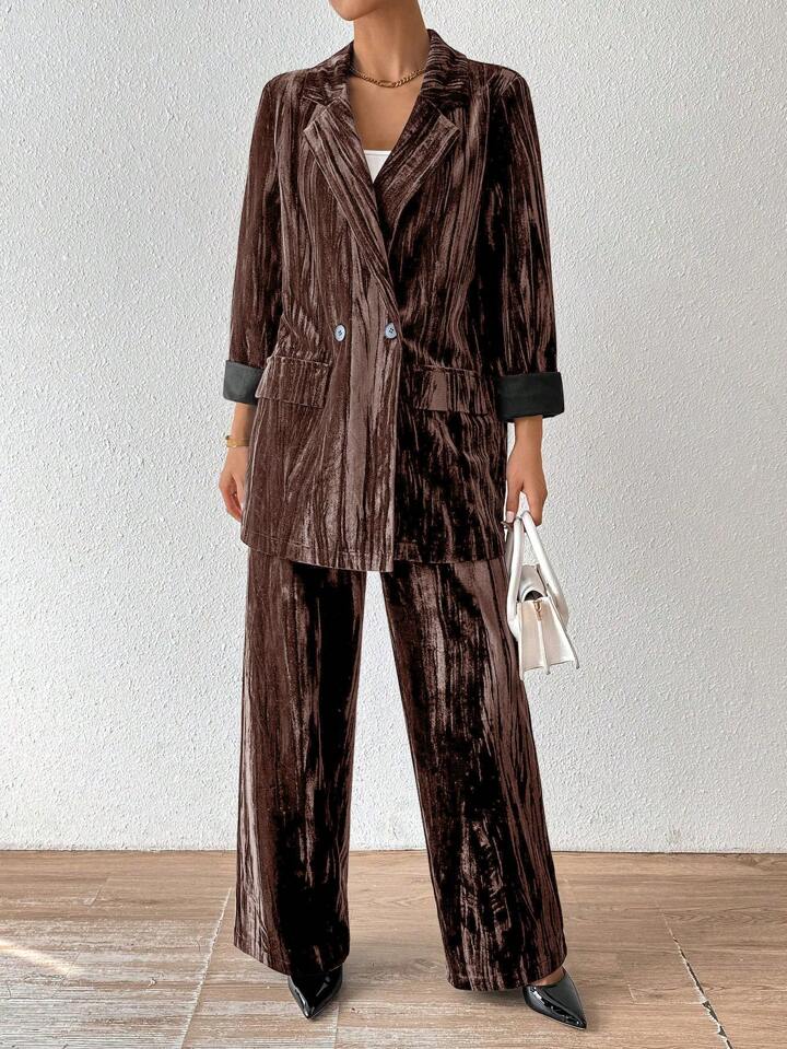 CM-SS231618 Women Elegant Seoul Style Stand Collar Long Sleeve Velvet Jacket With Straight Leg Pants Suit - Coffee Brown