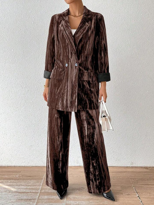 CM-SS231618 Women Elegant Seoul Style Stand Collar Long Sleeve Velvet Jacket With Straight Leg Pants Suit - Coffee Brown