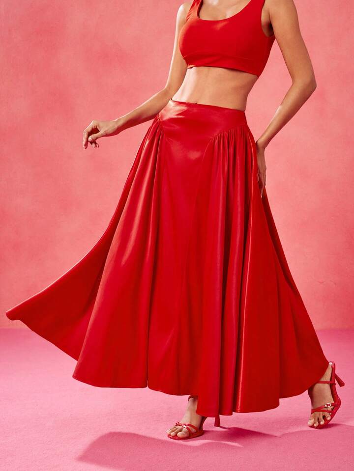 CM-BS154219 Women Elegant Seoul Style Satin High Waist A Line Rave Long Skirt - Red