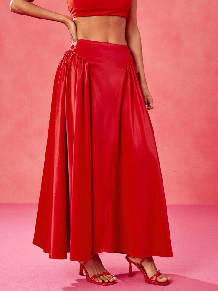 CM-BS154219 Women Elegant Seoul Style Satin High Waist A Line Rave Long Skirt - Red