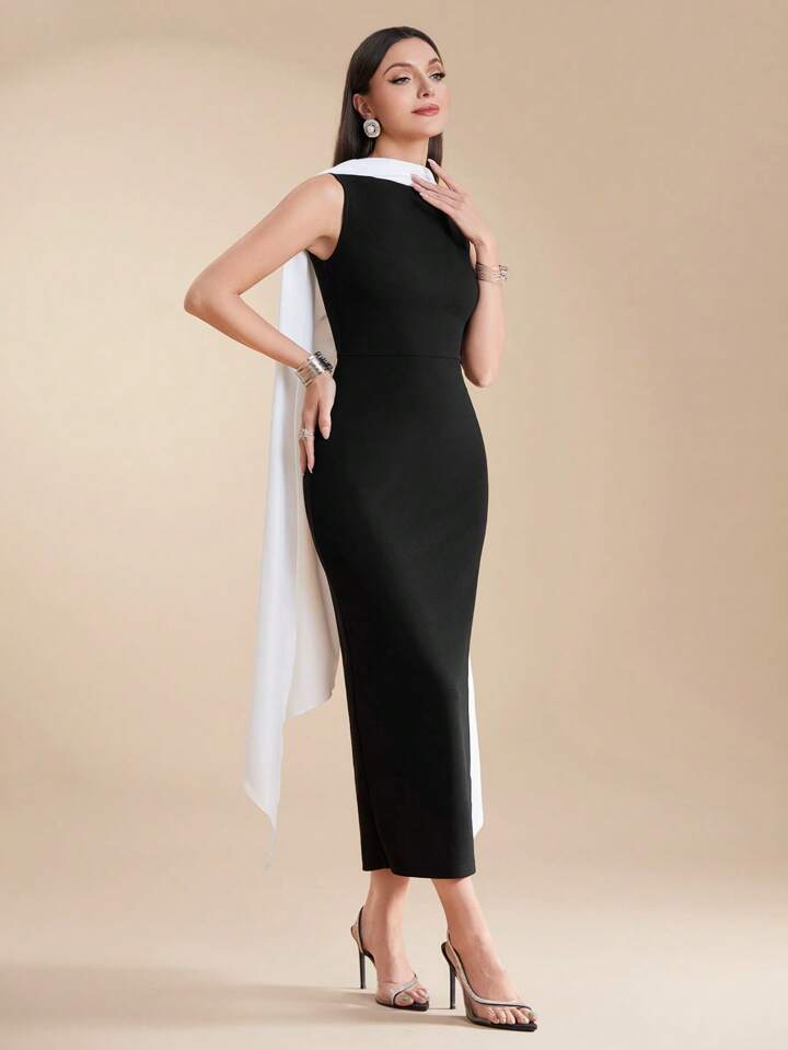 CM-DS164382 Women Elegant Seoul Style Colorblock Slim Fit Sleeveless Midi Dress - Black