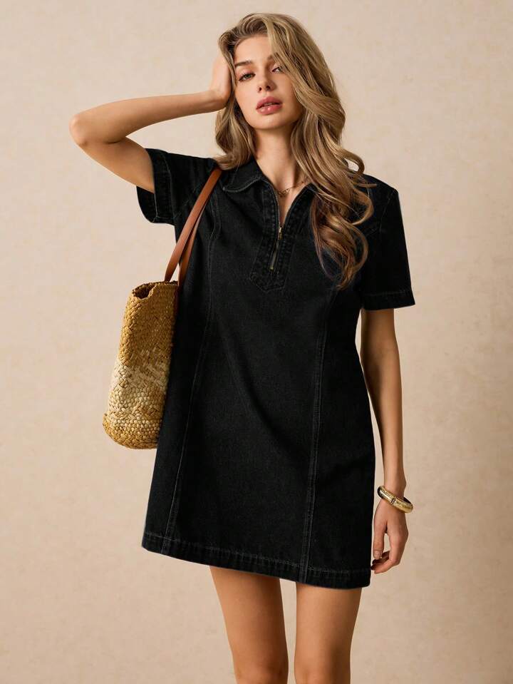 CM-DS785952 Women Casual Seoul Style Zipper Front Short Sleeves Shirt Collar Denim Dress - Black