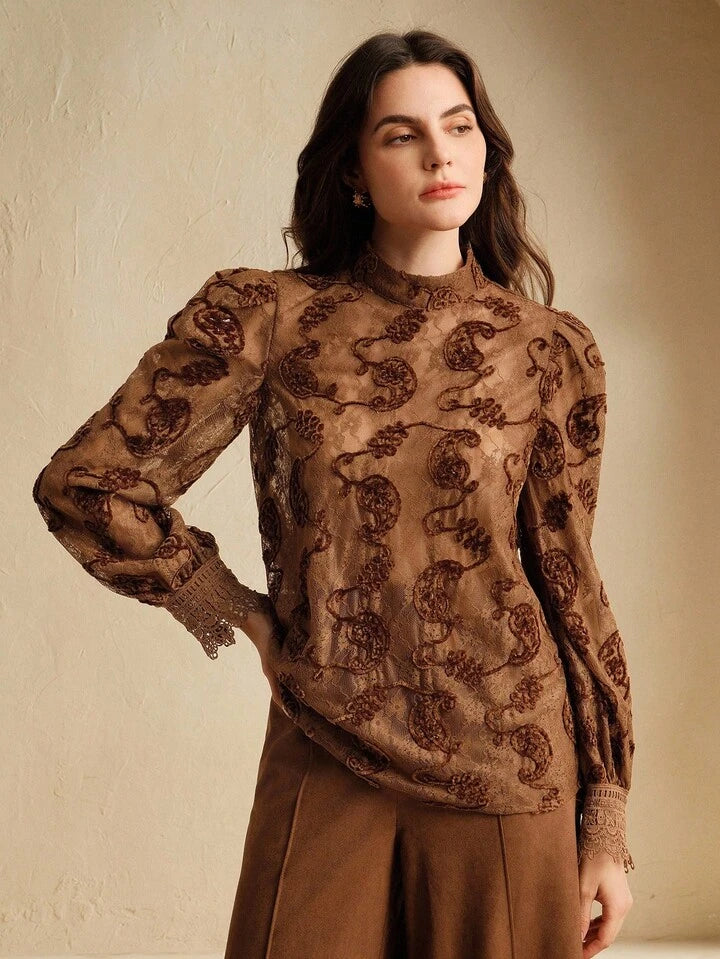 CM-TS672535 Women Elegant Seoul Style Pumpkin Printed Velvet Lace Round Neck Lantern Sleeve Blouse