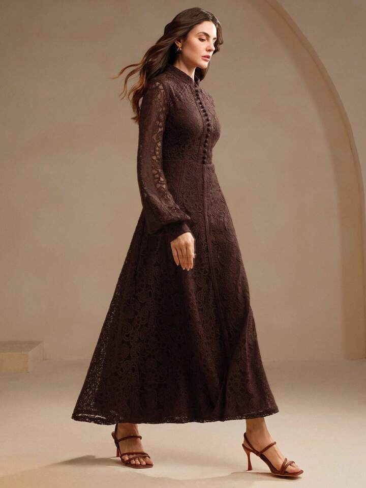 CM-DS200661 Women Elegant Seoul Style Lace Mandarin Collar Long Sleeve A-Line Dress - Brown