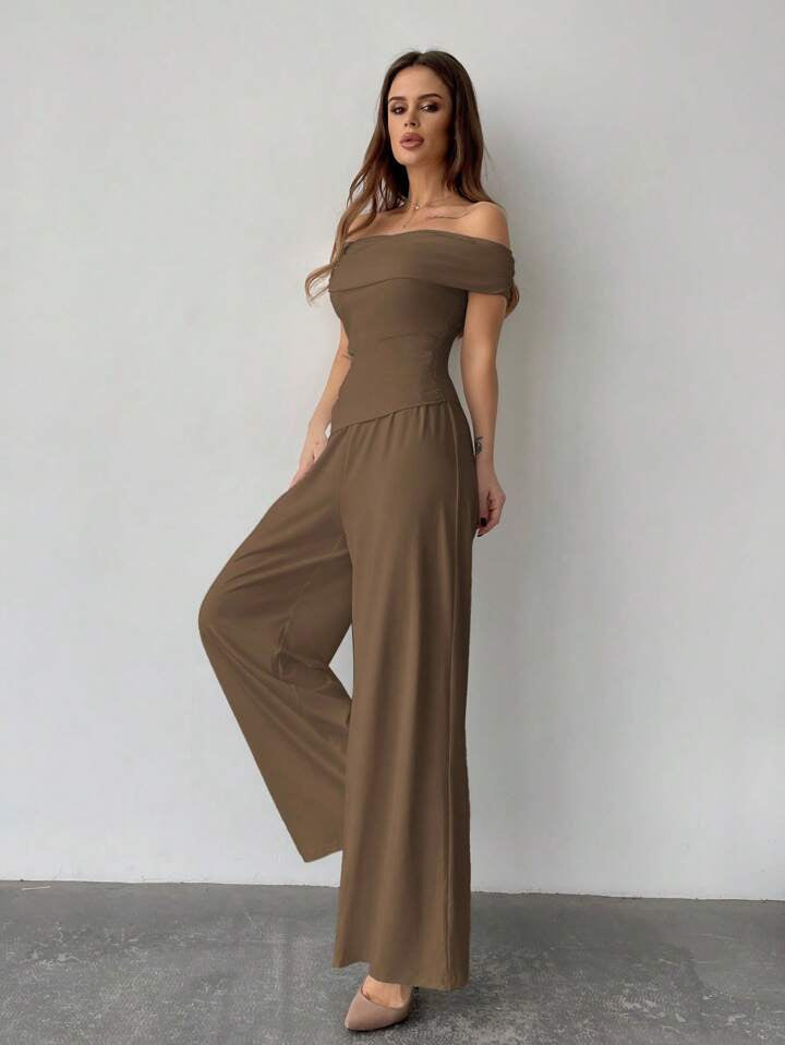 CM-SS444214 Women Elegant Seoul Style Off-Shoulder Pleated Top With Wide Leg Pants - Set