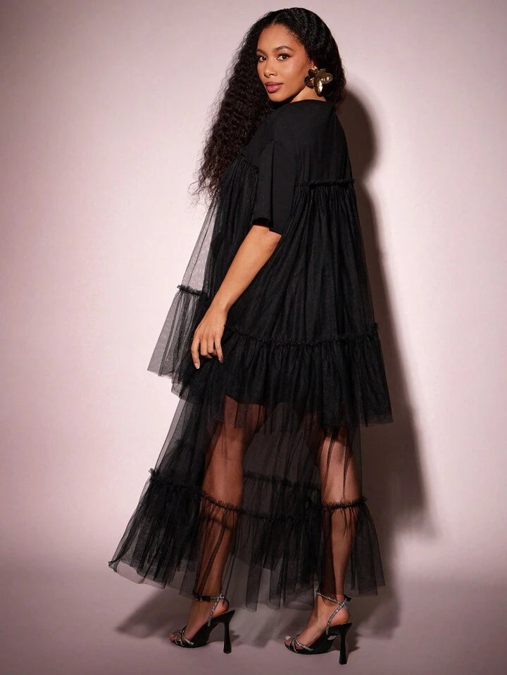 CM-DS243277 Women Elegant Seoul Style Round Neck Short Sleeve Contrast Mesh Tulle Tiered Maxi Dress - Black