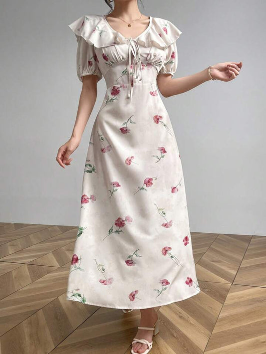 CM-DS767606 Women Casual Seoul Style V-Neck Puff Sleeve Ruffle Hem Floral Print Dress