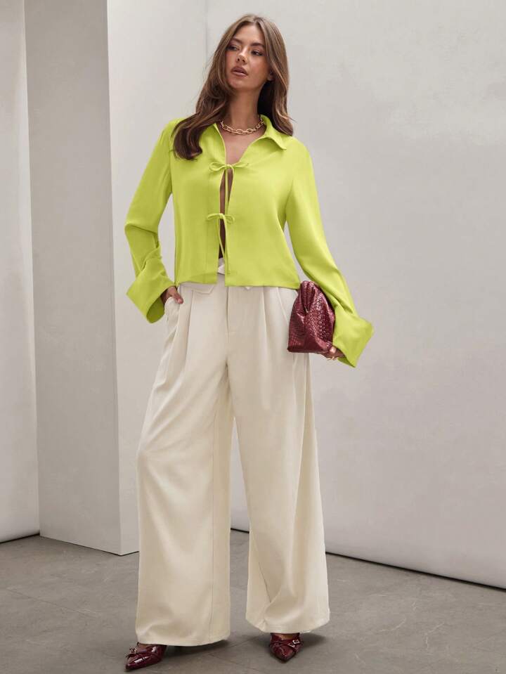 CM-TS814811 Women Trendy Bohemian Style Shirt Collar Front Tie Long Sleeve Shirt - Green