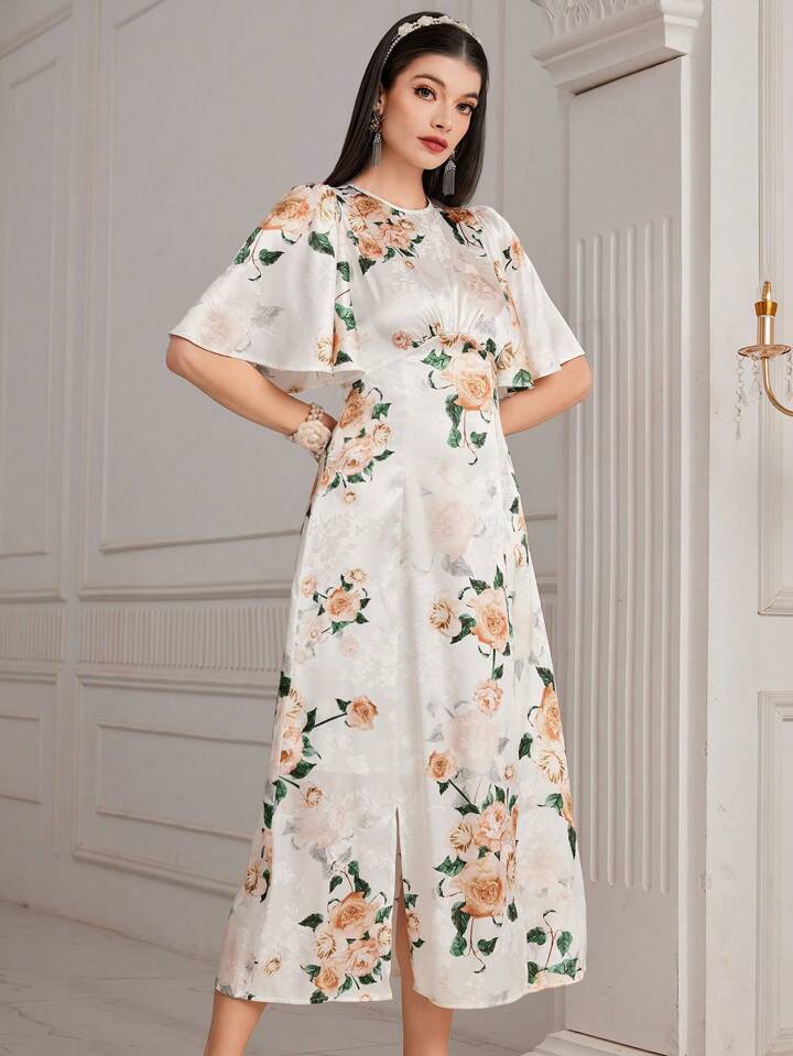 CM-DS969986 Women Elegant Seoul Style Floral Printed Butterfly Sleeve A-Line Dress